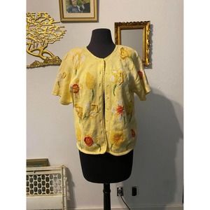 Vintage  Yellow Embroidery Floral Cardigan